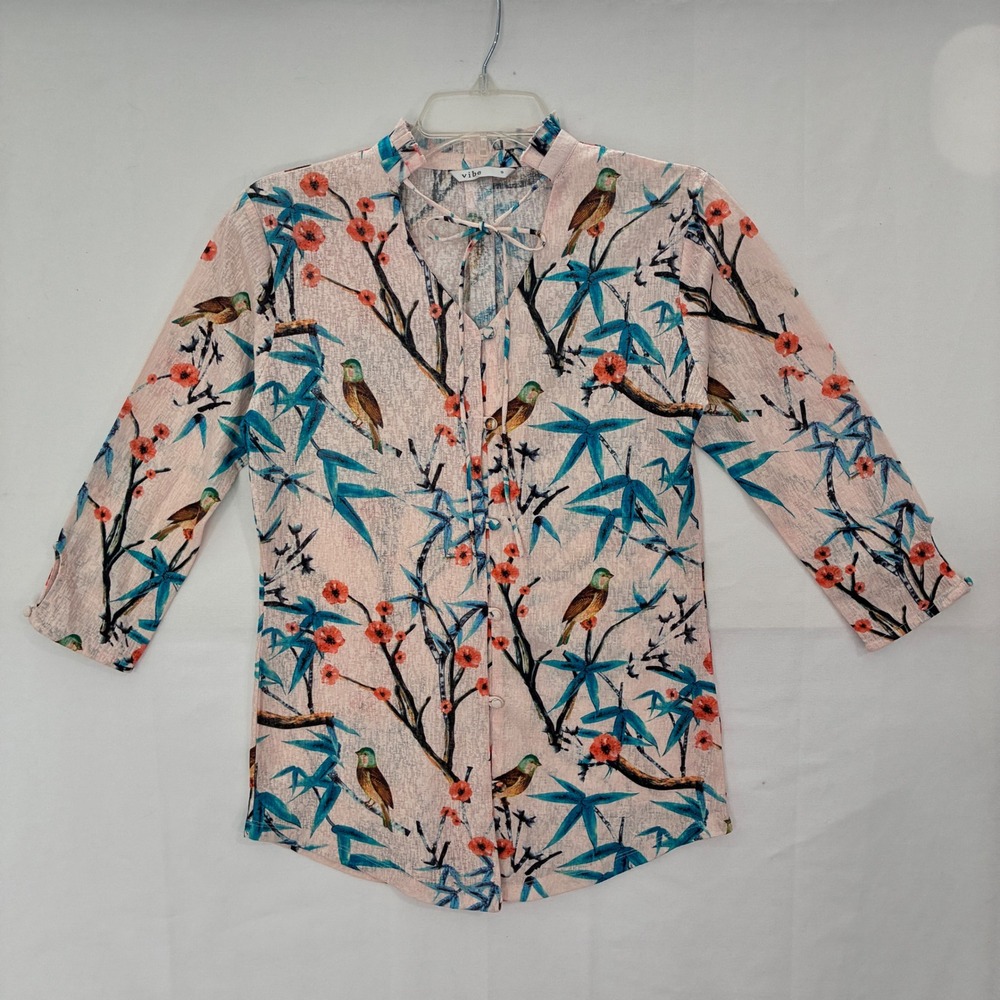 Asian Inspired Floral Top Womens Small Pink Bird Nature Whimsical Boho‎ Spring